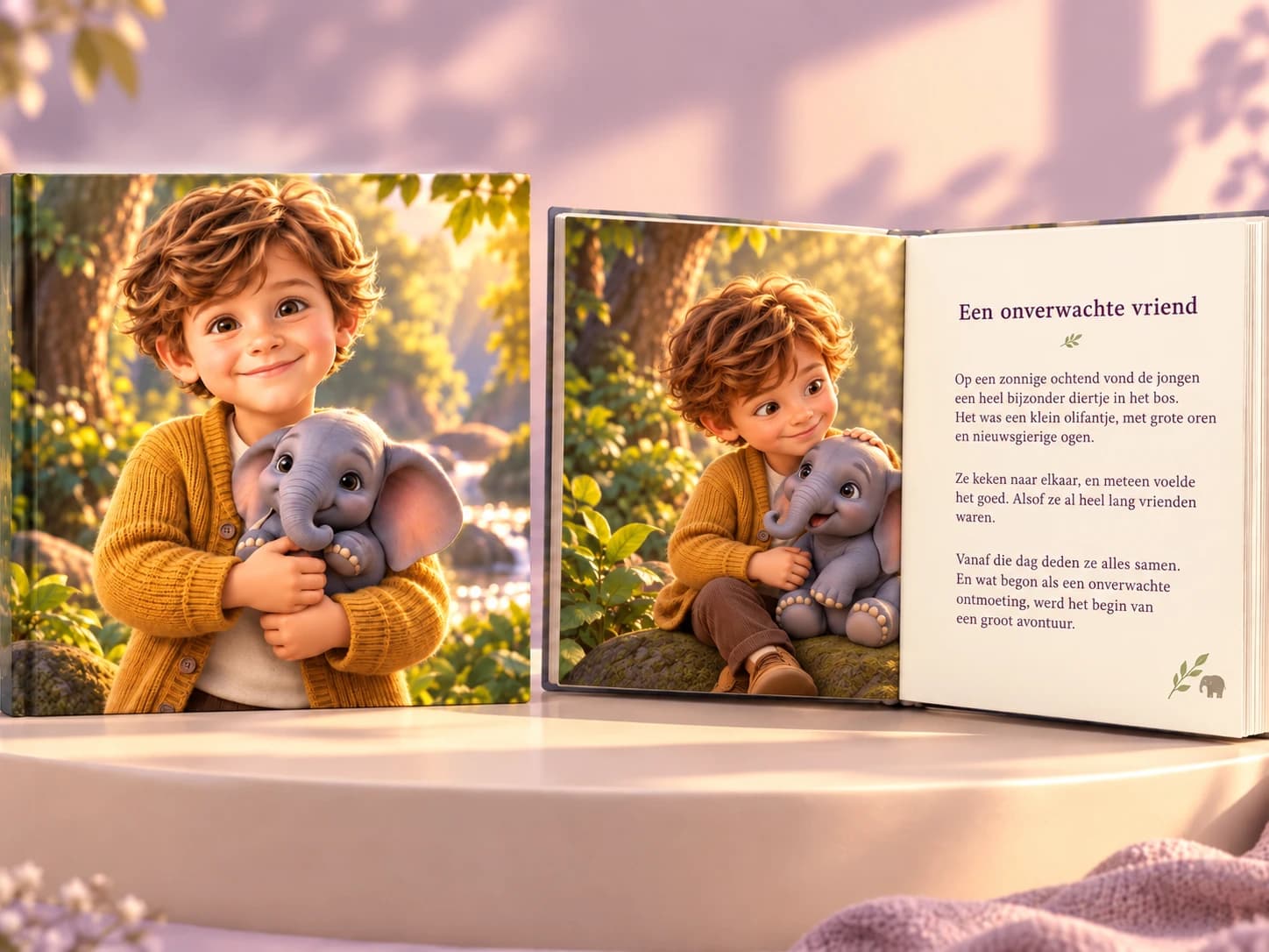 Digitale impressie van een vierkant hardcover kinderboek over een jongen en een olifantje