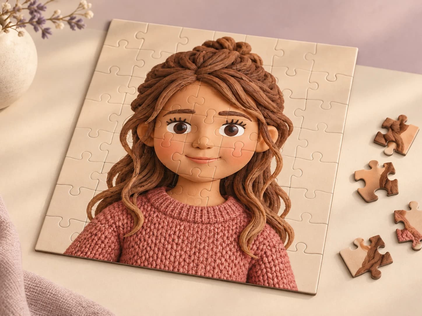 Voorbeeldontwerp van een puzzel met een persoonlijke illustratie in Clay Animation stijl